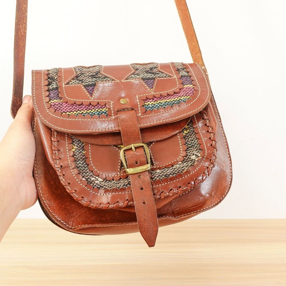 Saddle Leather Patchwork Western Bag Small Brown‎ Boho Applique Stary INDIA